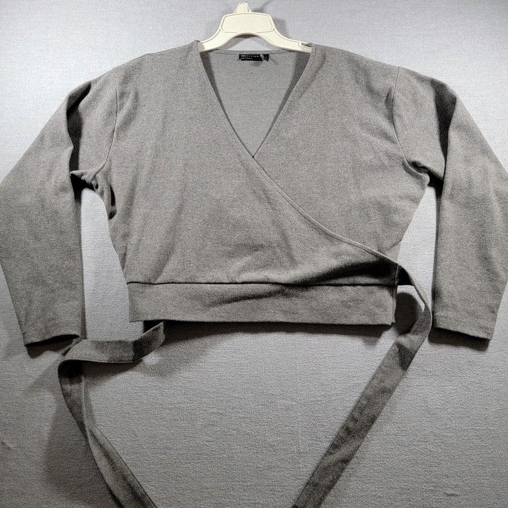 ASOS DESIGN Wrap Top Women Medium Grey Excellent Long Sleeve V-Neck Cropped Tie